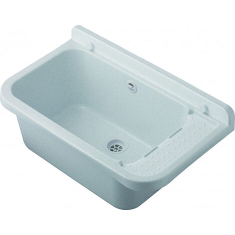 Lavabo de pared exterior con rebosadero de 60 x 34 cm – Mármol – Jardín y garaje – Kit de montaje y desagüe – Negrari (1/5)