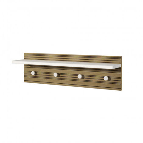 Perchero de pared con estante y 4 ganchos, blanco con base de roble rayado, 80x15x23 cm - Terraneo (1/2)