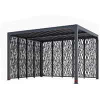 Pérgola bioclimática de aluminio 360x300 con lamas y paneles en dos lados gris antracita