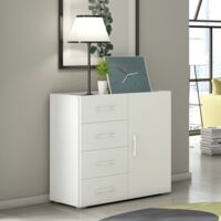 Mueble de 4 cajones y puerta con guías metálicas, tapa contenedor, tapa de hormigón blanco.