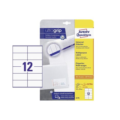 Etiketten 6175 105x48 mm – 300 Stück + 60 EXTRA – für Laserdrucker und Inkjetdrucker – ultragrip-Technologie für präzisen Druck – Avery Zweckform (1/2)
