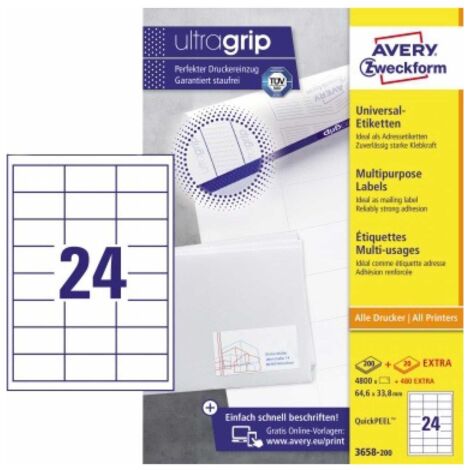 Universaletikett ultragrip 64,6 x 33,8 mm (B x H) nicht wieder ablösbar Papier weiß 5.280 Etik./Pack. (1/5)