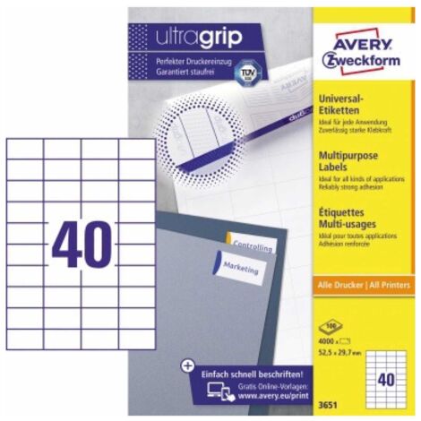 Universaletikett ultragrip 52,5 x 29,7 mm (B x H) nicht wieder ablösbar Papier weiß 4.000 Etik./Pack. (1/5)