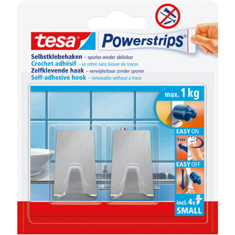 tesa Powerstrips Haken Small Metall ECKIG - Selbstklebender Wandhaken für Glas, Kacheln, Holz, Kunststoff und andere Untergründe - Metall (1/5)