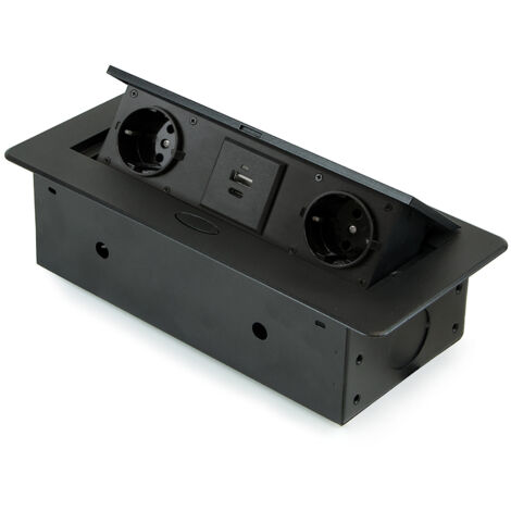 Emuca Desktop Multi-Connector Atom 26 Lite 225x111mm, 2 Schuko-Stecker, 1 USB Typ A, 1 USB Typ C, Zamak-Stahl-Kunststoff, Schwarz