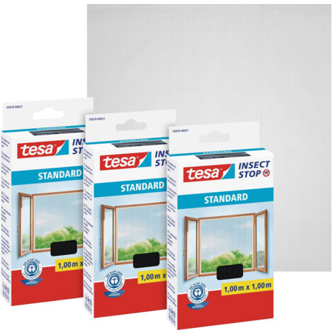 tesa 3er Pack Fliegengitter Insektenschutz für Fenster - einfache Montage mit Comfort-Klettband - zuschneidbar - anthrazit - 1m x 1m