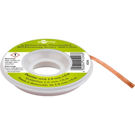 Entlötlitze 2 mm zur Entfernung von Lötzinn an Lötstellen 1,5 m, reiner Kupfer, gute Wärmeleitfähigkeit.