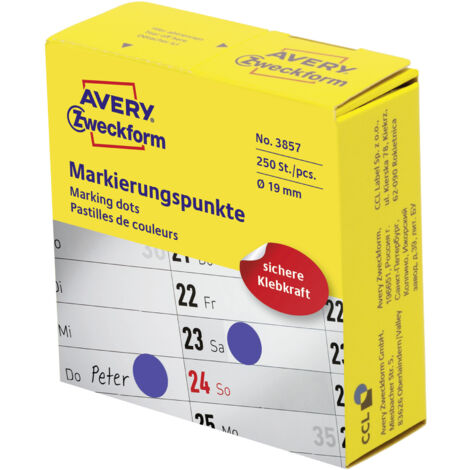 Avery Zweckform 3857 Markierungspunkte, Ø 19 mm, 1 Rolle/250 Etiketten, blau (1/5)