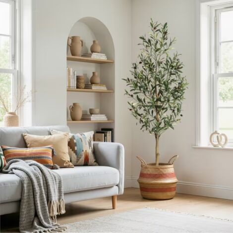 HAUSPROFI Künstlicher Olivenbaum,Große Zimmerpflanze Innendeko Außenbereich Realistische Kunstpflanze mit Ästen & Früchten Ideal Wohnzimmer Büro Geschenk,150cm