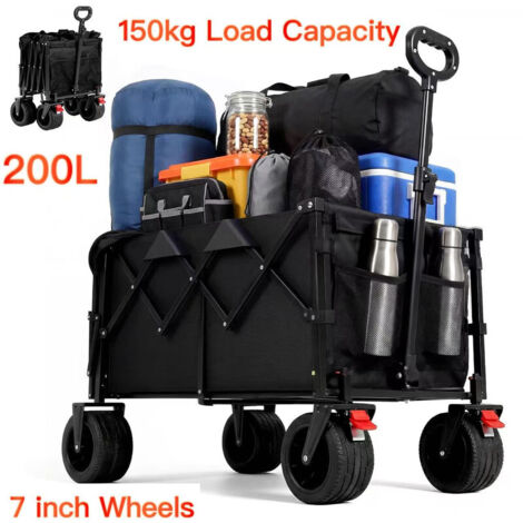 HAUSPROFI–Klappbarer Gartenwagen–Max. Belastung 150KG/200L–7 Zoll breite Reifen für unwegsames Gelände–Ergonomischer Griff–Mit Getränkehaltern/Seitentaschen–Für Camping,Strand,Garten,Einkaufen