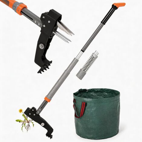 Unkrautwurzelzieher, Verstellbarer Griff, 4 Edelstahlkrallen, 50-Liter-Gartenbeutel, Automatischer Rückstellmechanismus, Manuelles Gartengerät, Gartenpflegelösung