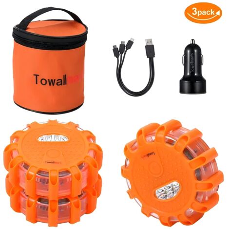 Confezione da 3 Fanali LED Stradali Luci di Emergenza Segnalatore di Sicurezza da Strada Kit di Fanalini Lampeggianti a Disco con 2 Caricatori USB per Auto, Base Magnetica e Gancio per Auto, Camion e (1/5)