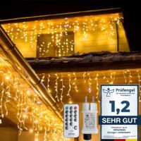 Catena di Luci a Led a Goccia da Ester, Catena di Luci a Goccia WOWDSGN con Timer, 8 Modalità, Alimentazione Elettrica, Bianco Caldo, Varie Lunghezze (10M, 15M), Luci a Tenda per Natale, Bordo del Tet