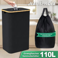 HAUSPROFI Scatola per bottiglie vuote da 110L con coperchio e borsa XXL - Contenitore per raccolta rifiuti per cucina/cantina (Nero)