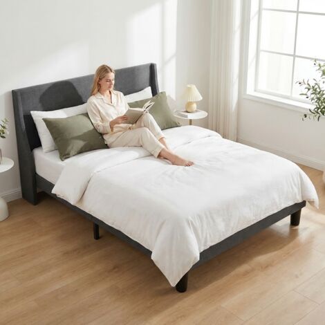Double Bed Frame, 135x190 cm, Upholstered Bed Frame with Headboard, Includes Slatted Base for Modern Bedroom, Grey