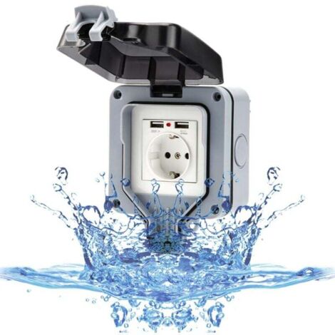 Presa a muro per esterni con porta USB, impermeabile IP66, presa da giardino, montaggio superficiale, contatto di protezione per luoghi umidi, per esterni con coperchio