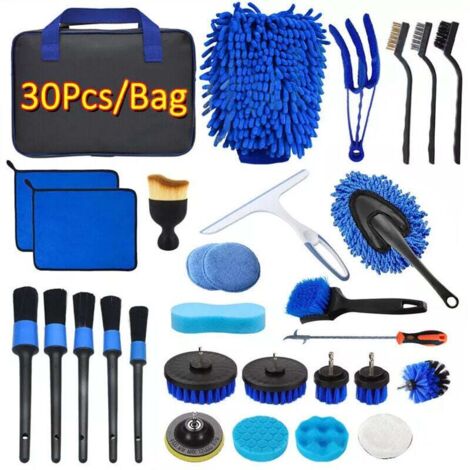 [NON UTILIZZATO] Kit per la pulizia dell'auto, set di 30 spazzole per la pulizia dell'auto per interni ed esterni, il kit per il lavaggio dell'auto include spazzole, spugne lucidanti e una comoda bors (1/5)