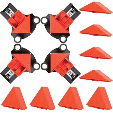 Set di 4 morsetti angolari per la lavorazione del legno - 4 morsetti ad angolo retto regolabili a 60, 90 e 120 gradi - Kit di serraggio angolare per foratura, costruzione di mobili e telai (1/4)