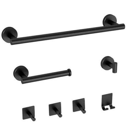 Kit de accesorios de baño de 7 piezas: toallero, portarrollos de papel higiénico y ganchos de pared de acero inoxidable, color negro.