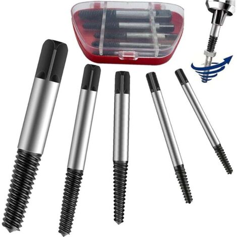 Juego de 5 extractores de tornillos rotos, M3-M18, con accionamiento a la izquierda y caja de almacenamiento. Kit de puntas de acero para extraer tornillos atascados. (1/4)