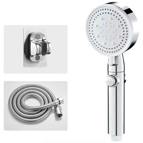 Cabezal de ducha de alta presión, ahorrador de agua con 5 modos ajustables, con apagado automático (incluye manguera de 1,5 metros y soportes). (1/4)