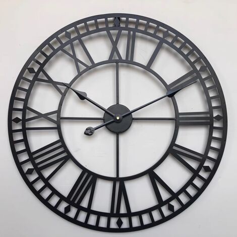 Reloj de jardín resistente a la intemperie, diseño vintage retro con números romanos, diseño sencillo de hierro forjado, silencioso, funciona con pilas, reloj de exterior de 40 cm (negro)