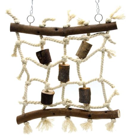 Juguete para pájaros, juego de escalada para pájaros, bloques de cuero y madera y red de escalada de cuerda de algodón, 40 x 25 cm (1/4)