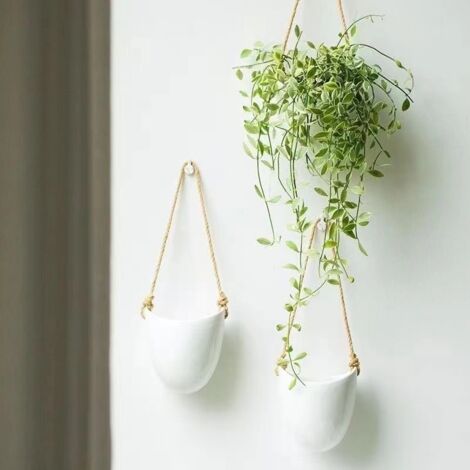 Macetas de pared  Juego de 2 macetas colgantes de cerámica  Decoración de pared para interiores, balcones y jardines  Blanco (brillante)