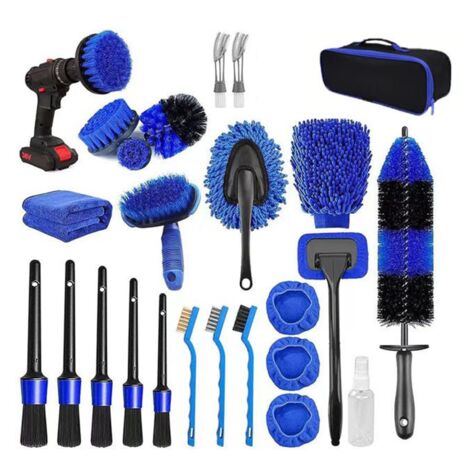 Kit de limpieza para coche, 26 cepillos para interior y exterior, incluye bolsa de transporte práctica. (1/5)