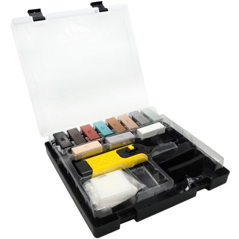 Kit de reparación de pisos laminados, herramienta de reparación de instalación de pisos, con 11 bloques de madera encerados para reparar pisos laminados, pisos, encimeras y gabinetes. (1/4)