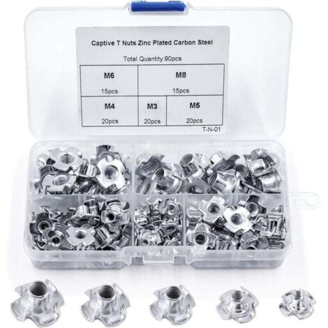 [NUNCA USADO] 90 tuercas en T de 4 puntas, de acero al carbono, M3/M4/M5/M6/M8, para carpintería, insertos de acero al carbono.
