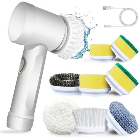 [NUNCA USADO] Cepillo de limpieza eléctrico, cepillo manual con 5 cabezales, juego de limpieza automático para bañera, cocina, azulejos, ventanas y vajilla, color blanco