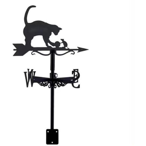[NUNCA USADO] Veleta con diseño de gato y ratón, plantable o de pie, indica la dirección del viento: N - S - O - E, adorno de jardín, metal pintado, negro (sin poste)