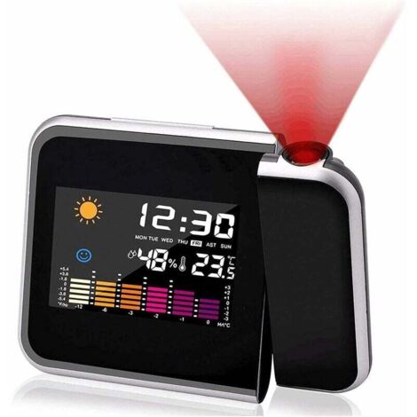 Reloj despertador con proyección, calendario con pantalla a color, estación meteorológica personal para dormitorio, proyector regulable, alarma dual, pantalla LCD, fecha, hora, temperatura, humedad. (1/4)