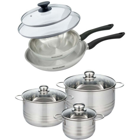 Fackelmann 9430750 Ensemble de 2 poêles de 24 et 28 cm et 3 casseroles 16, 18 et 20 cm, revêtement céramique antiadhésif, sans PFAS, tous feux, induction, four, Aluminium, Noir, Vert, 16, 18 et 20 cm