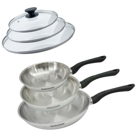 Set 3 poêles 20 24 et 28 cm en inox et 3 couvercles verre Fackelmann Geneva
