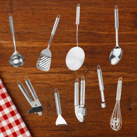 Set De 9 Ustensiles De Cuisine Inox Premium - Louche, Spatules, Fouet, Presse-Purée Et Plus