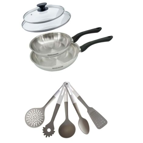Lot de 2 Poêles en inox 20/24 cm avec couvercles Fackelmann Geneva avec 5 ustensiles de cuisine