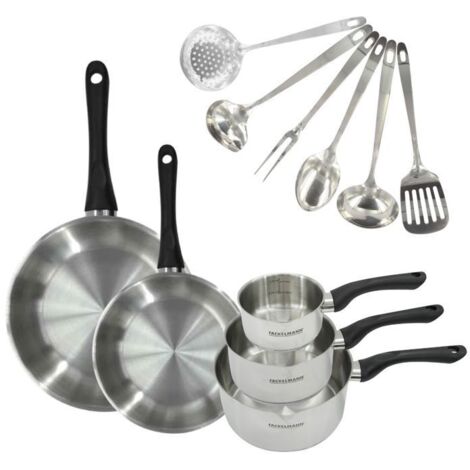 Set 2 poêles 24 et 28 cm, 3 casseroles en inox et 6 ustensiles inox Fackelmann Geneva