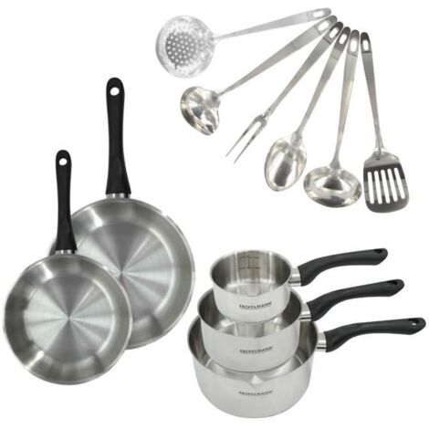 Set 2 poêles 20 et 24 cm, 3 casseroles en inox et 6 ustensiles inox Fackelmann Geneva