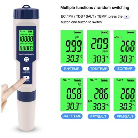 Dioche 5-in-1 Wasserqualitätstester – PH, TDS, EC, Salzgehalt, Temperatur, Tragbar, IP67, Für Aquarium, Garten, Labor