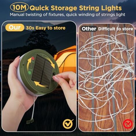 10M Camping Lichterkette Aufrollbar, Tragbare 3 in 1 Outdoor Lichterkette,  Solar & USB Aufladbar Campinglampe mit 8 Beleuchtungsmodi, Wasserdicht LED  Lichterkette Auen fr Camping, Hof und Wandern