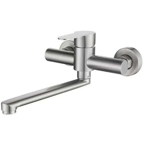 [NIEMALS VERWENDET] Küchen-Wandarmatur, Wandmischbatterie aus Edelstahl, 360° schwenkbar für Küchenspüle, Warm- und Kaltwasser, verstellbare Befestigungslöcher, 23 cm Schwenkarm, gebürstet