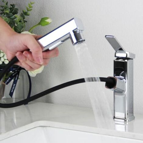 Wasserhahn Bad Ausziehbar, Hochdruck Waschtischarmatur mit Herausziehbarer Brause, Armatur Badezimmer mit 3 Strahlarten, Einhebelmischer Mischbatterie Waschbecken, Chrom