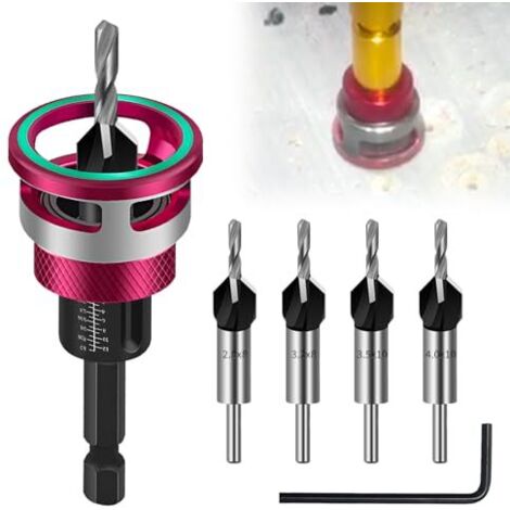 Kegelsenker Bohrer Set 6 tlg, Senker Holzbohrer mit Tiefenanschlag, Bohrsenker mit 1/4" Hex Schaft, aus HSS-M2, präzise Bohrungen, für Holzverarbeitung