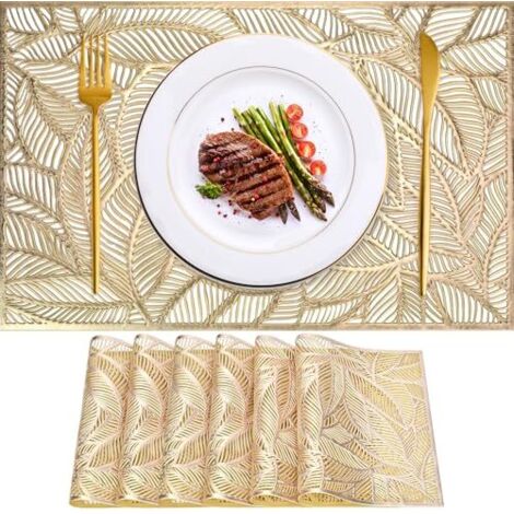 6 Stück Tischsets Abwaschbar, PVC Platzset, Hitzebeständige rutschfeste Platzsets, 45 x 30 cm Gold Rechteckige Tischsets mit Blätter Muster für Weihnachten Party Hause Küche Restaurant