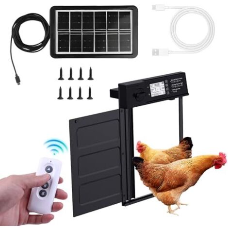 Aluminum Automatische Hühnerklappe Batterie, Automatischer Hühnerklappe Hühnertür mit LCD-Display, Timer, Lichtsensor, Fernbedienung,Automatische Hühnerklappes Solar