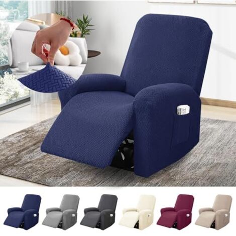 1-Sitzer Sessel Überzug, Sesselbezuge Stretch mit Taschen, All-Inclusive Streifen-Jacquard Sesselschoner für Fernsehsessel Relaxsessel Sesselhusse (Blau, 4-Teilig)