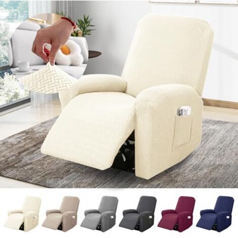 [NIEMALS VERWENDET] 1-Sitzer Sessel Überzug, Sesselbezuge Stretch mit Taschen, All-Inclusive Streifen-Jacquard Sesselschoner für Fernsehsessel Relaxsessel Sesselhusse (Beige, 4-Teilig)