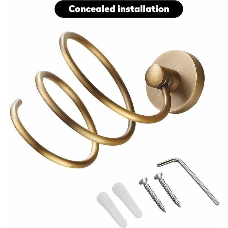 Porta Asciugacapelli Da Parete In Ottone Massiccio Antico, Supporto A Spirale Per Bagno, Organizer Per Ferro E Arricciacapelli, 12 Cm, Montaggio A Scomparsa
